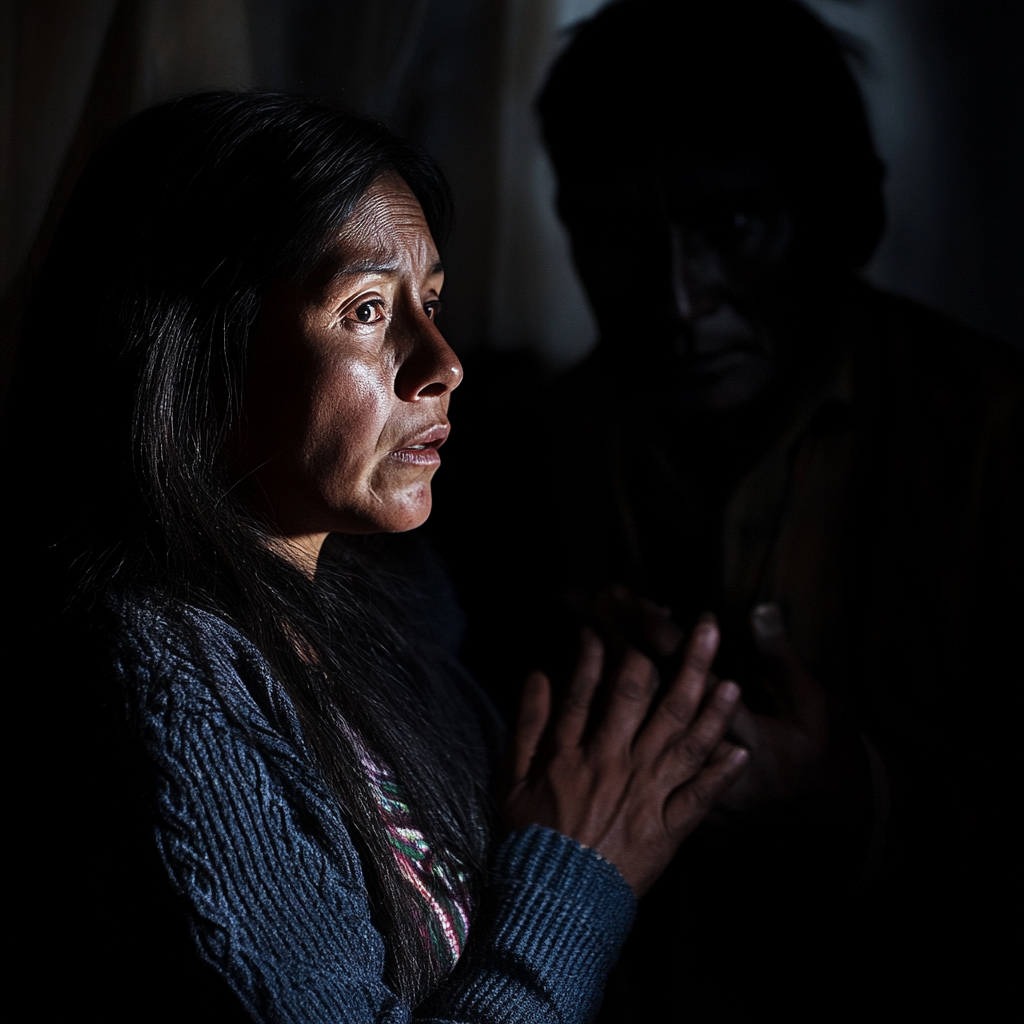 A Worried Bolivian Woman, Partner's Support Against Threat