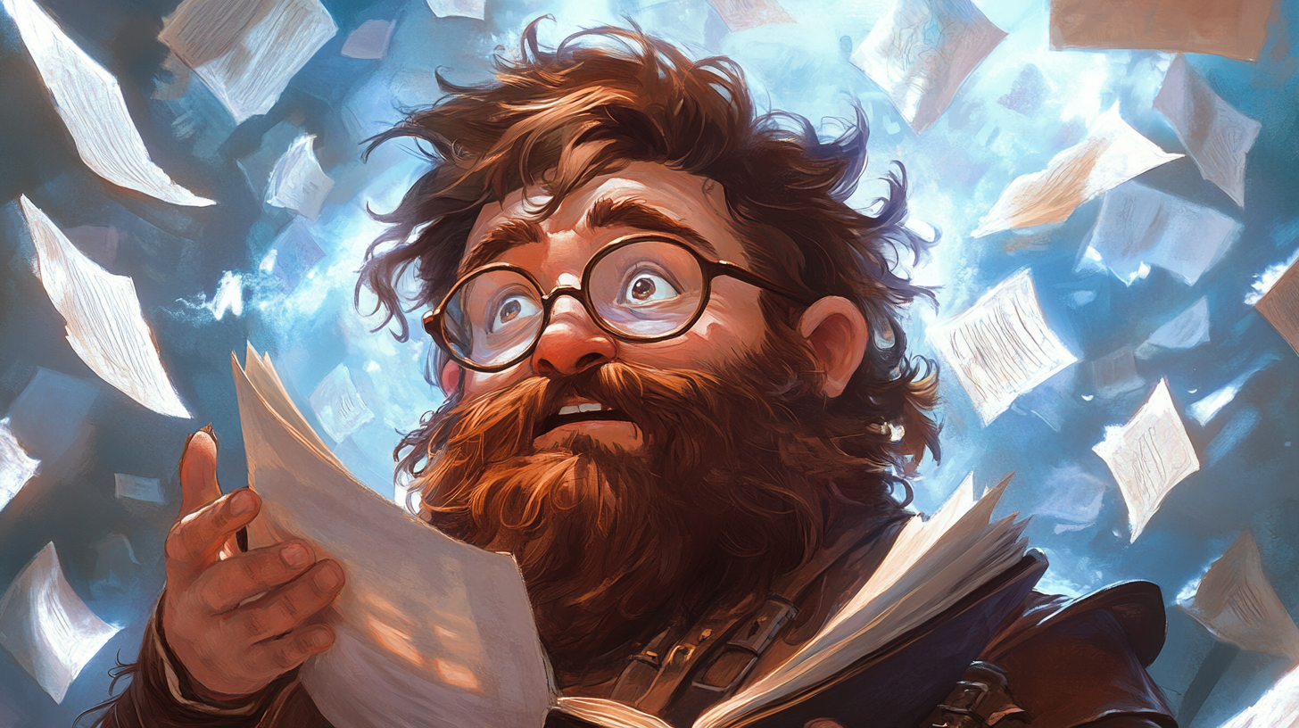 A Worried Dwarf Holding Shield Surrounded by Papers