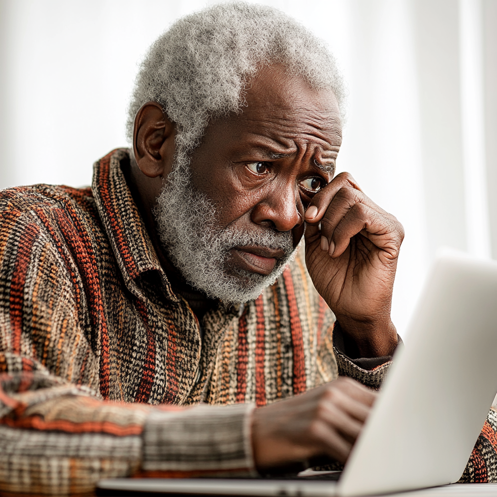 A Worried Old Man Looking at Laptop