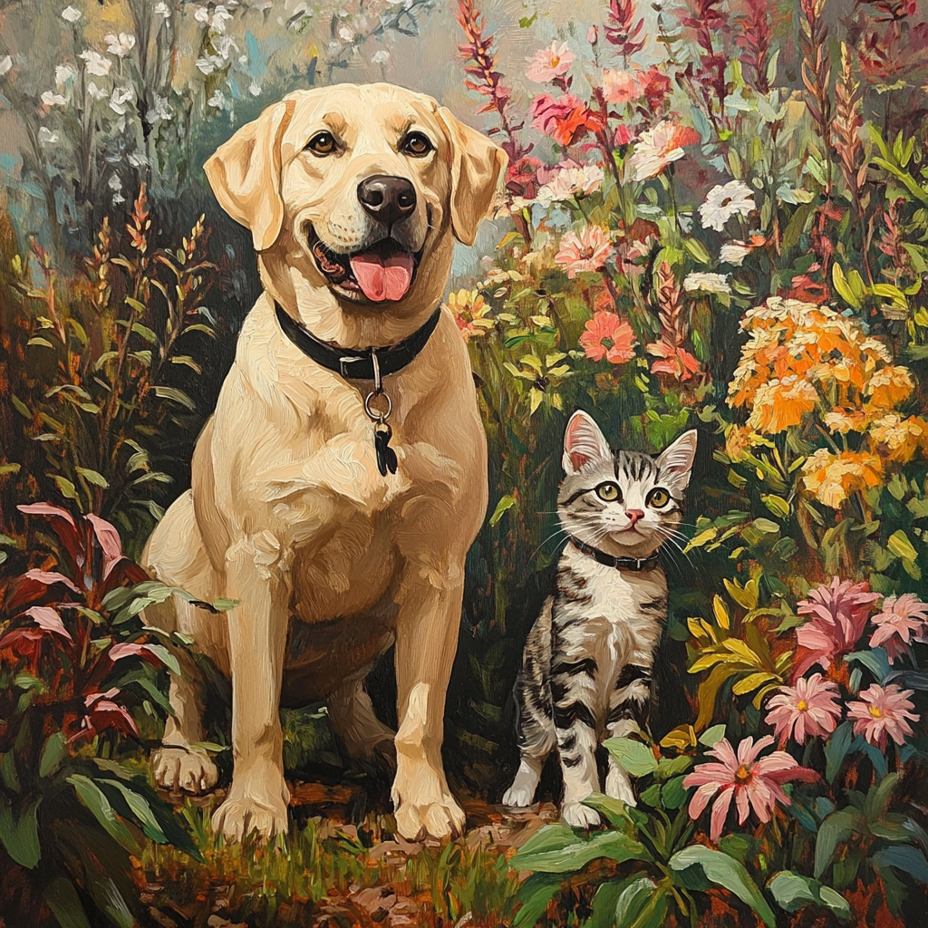 A Yellow Labrador and Tabby Cat in Garden