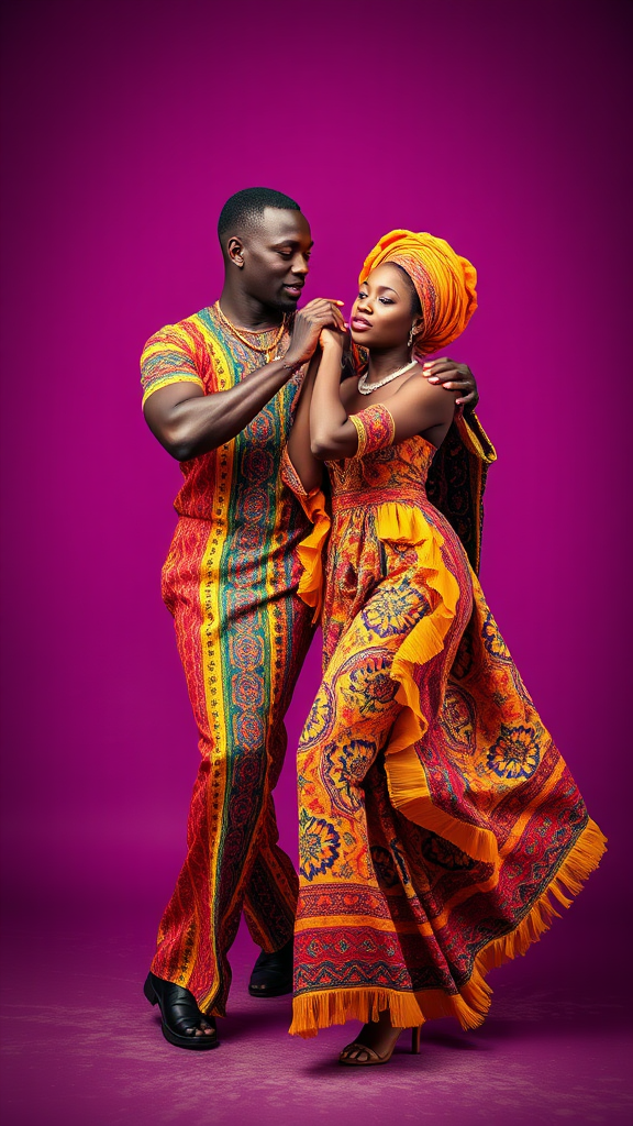 A Yoruba Couple Dancing in Colorful Outfits