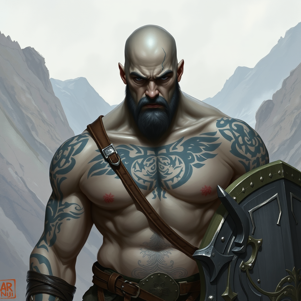 A Young, Bald, Goliath Warrior in Mountains