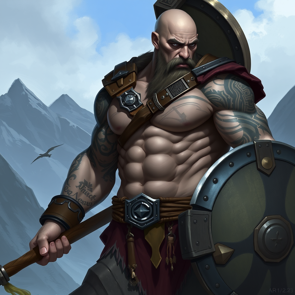 A Young, Bald Barbarian Against a Mountain Background
