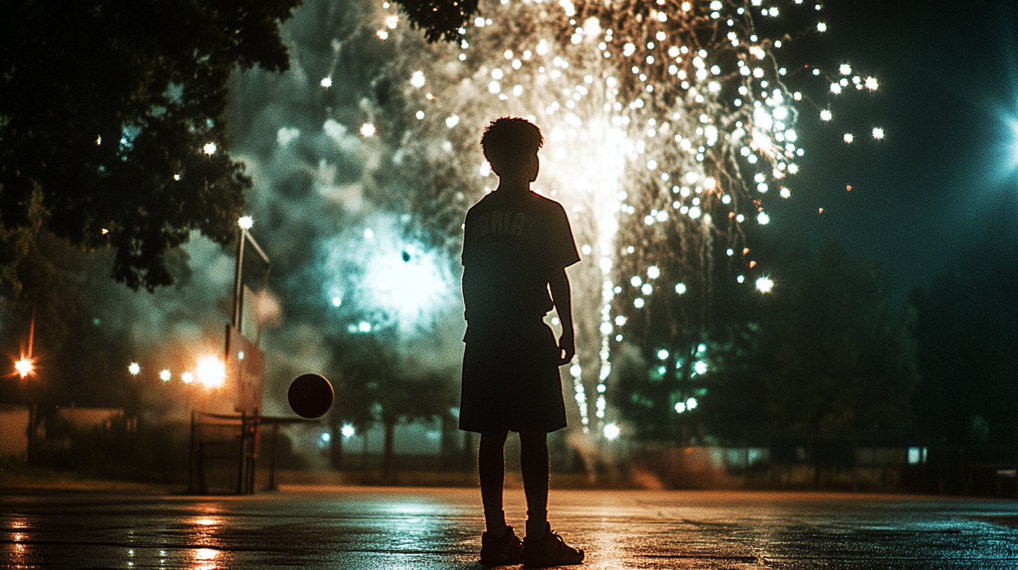 A Young Basketball Player Celebrates Victory at Night