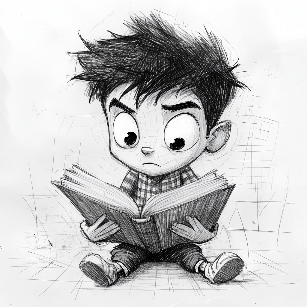 A Young Boy Reading Book with Geometric Shapes