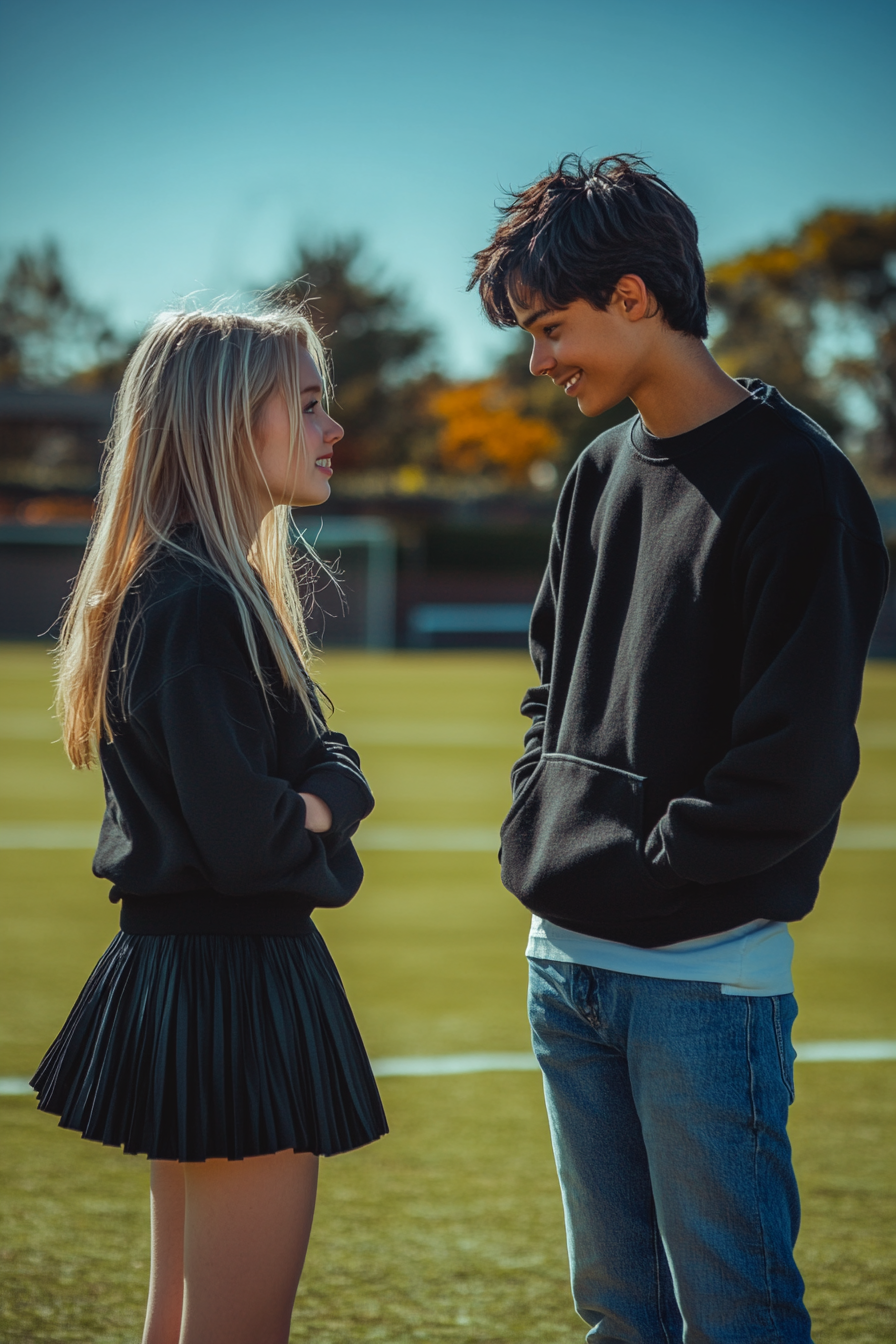 A Young Couple Meeting on Soccer Field