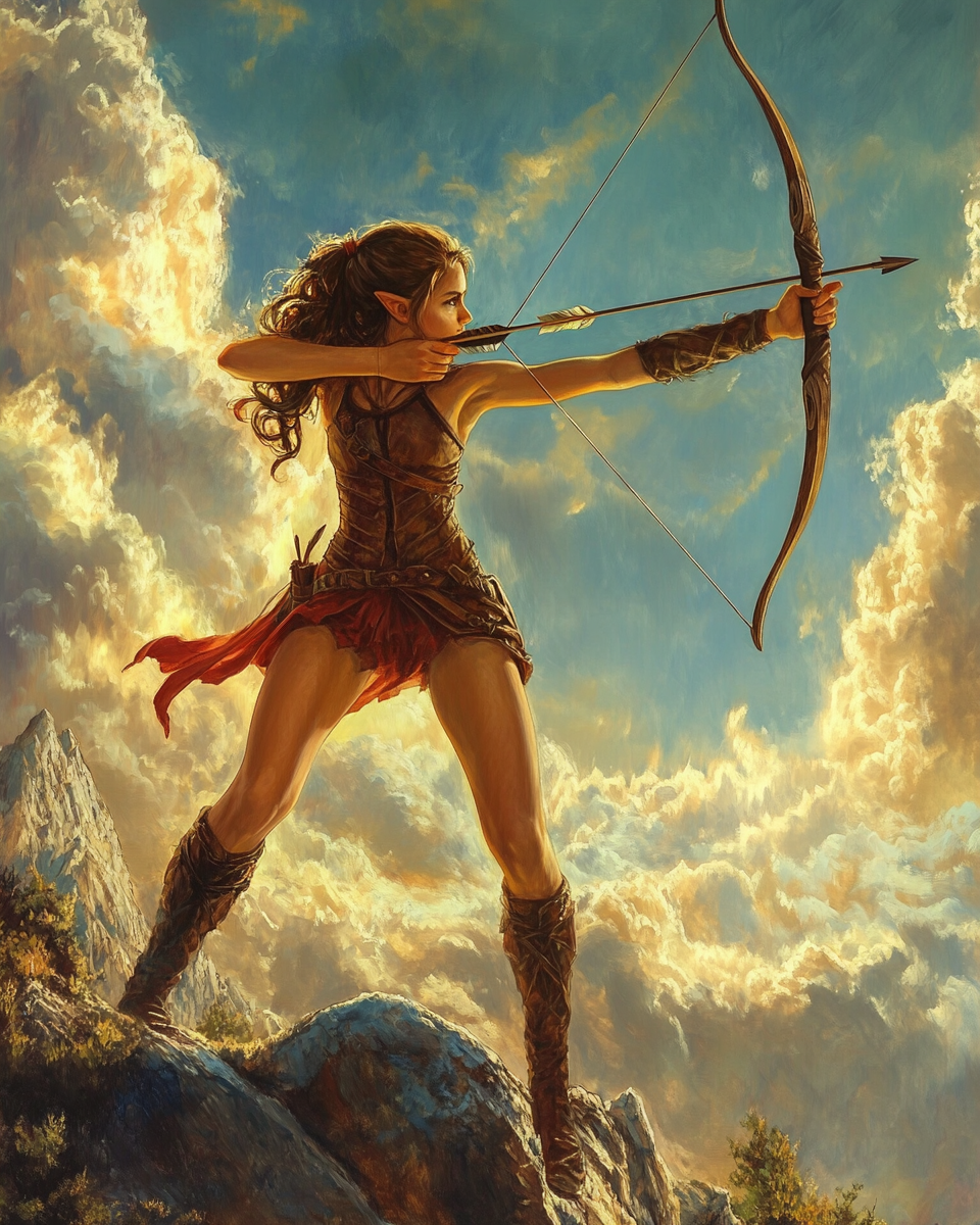 A Young Elven Girl Shooting Bow at Sunrise