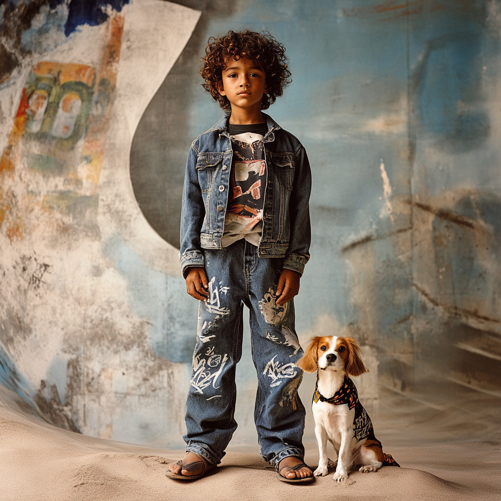 A Young Filipino-American Boy in Retro Denim Pose