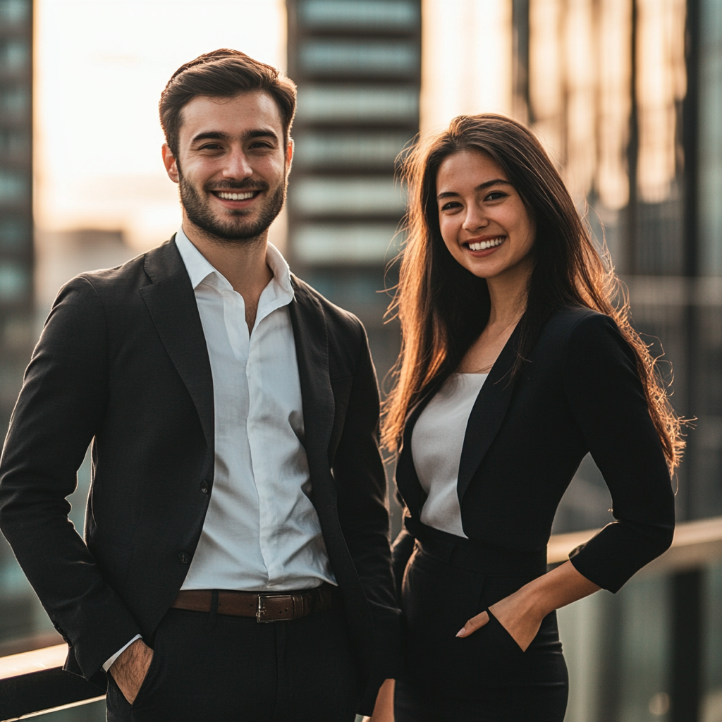 A Young Finance Professionals Smiling on Rooftop