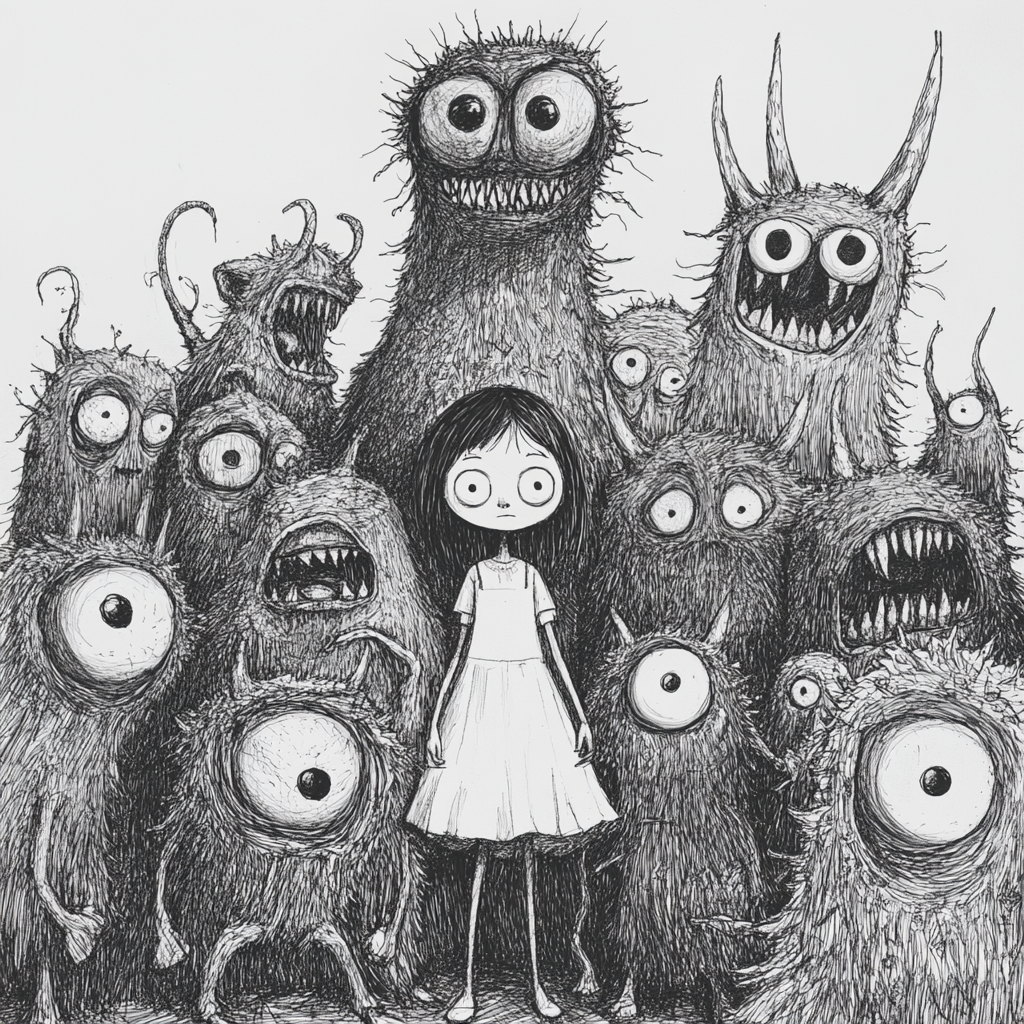 A Young Girl Among Surreal Monsters