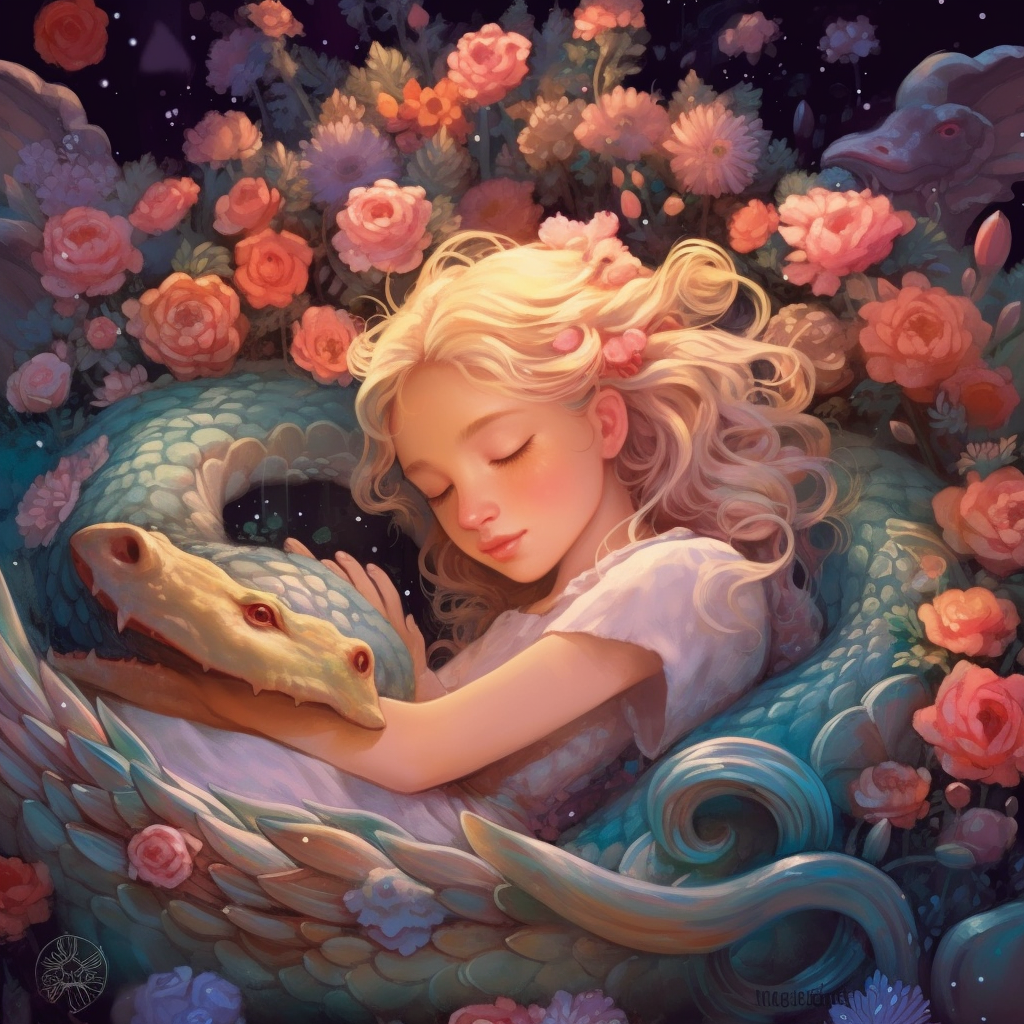 A Young Girl Sleeping With Gentle Dragon