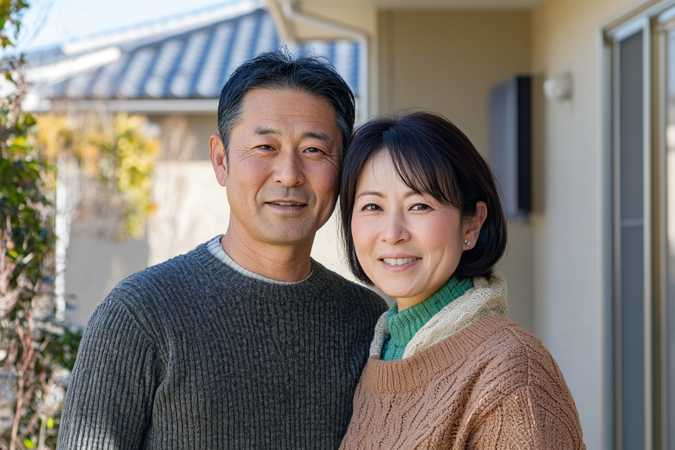 A Young Japanese Couple Standing in Front of Home