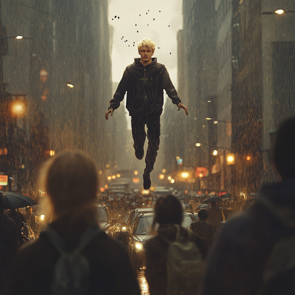 A Young Man Floats Above Crowded Rainy Street