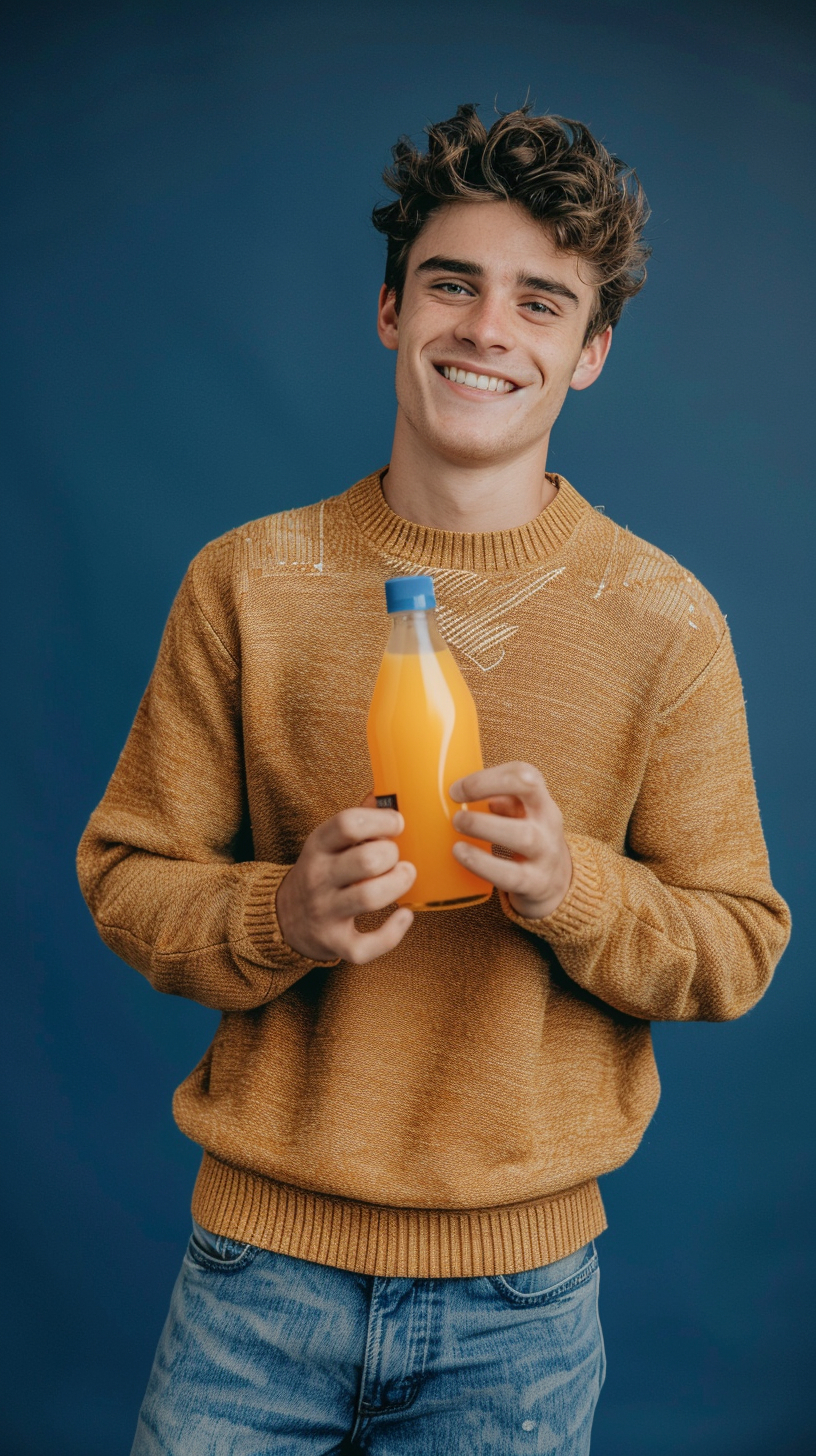 A Young Man Holding Orange Juice Bottle