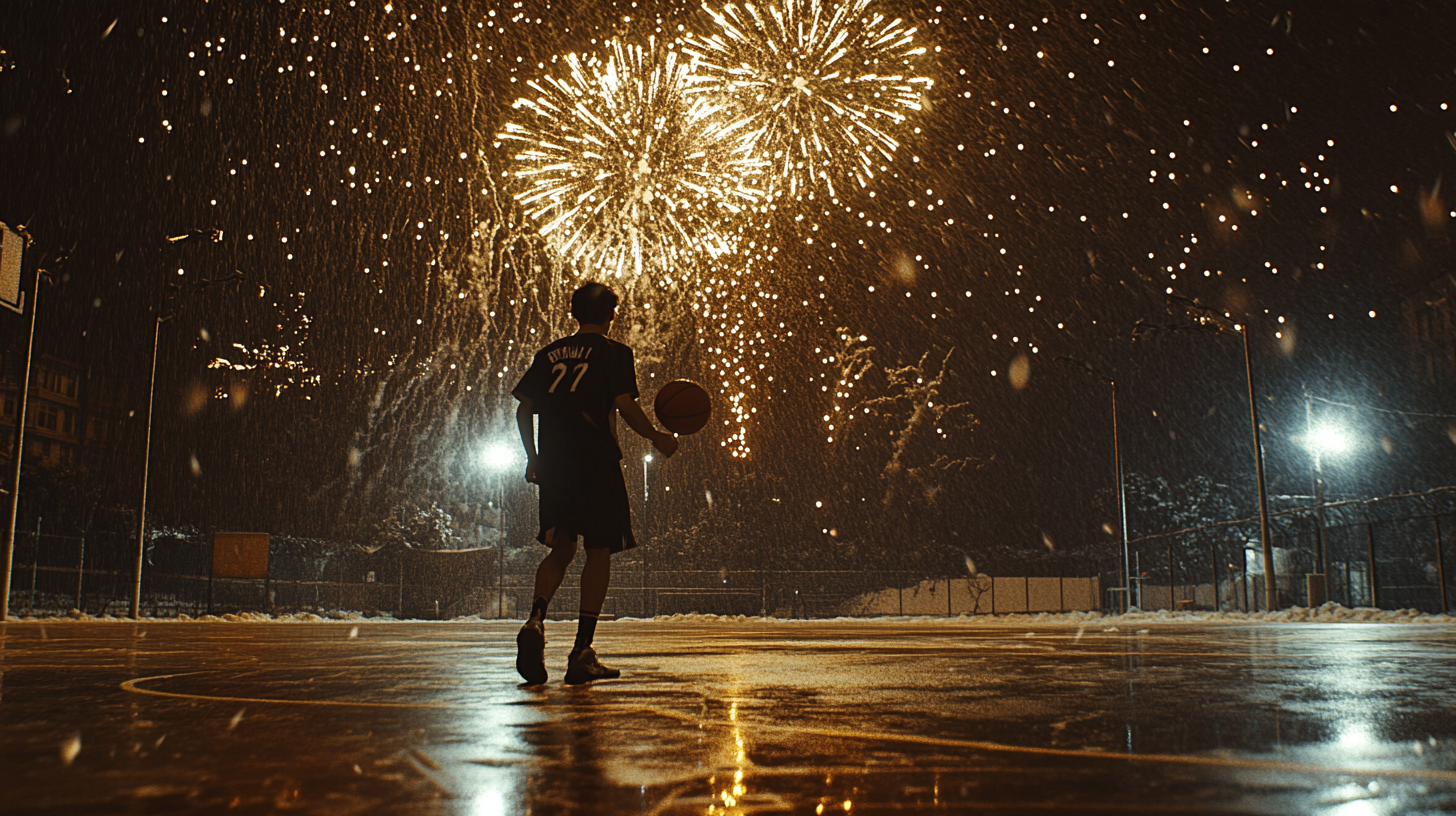 A Young Man Playing Basketball Amidst Fireworks, Rain and Snow