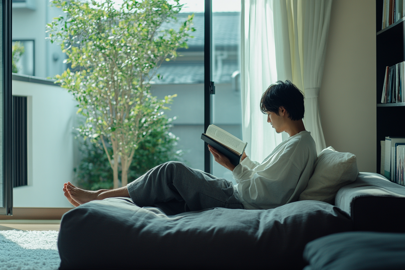 A Young Man Reading in Cozy Living Room