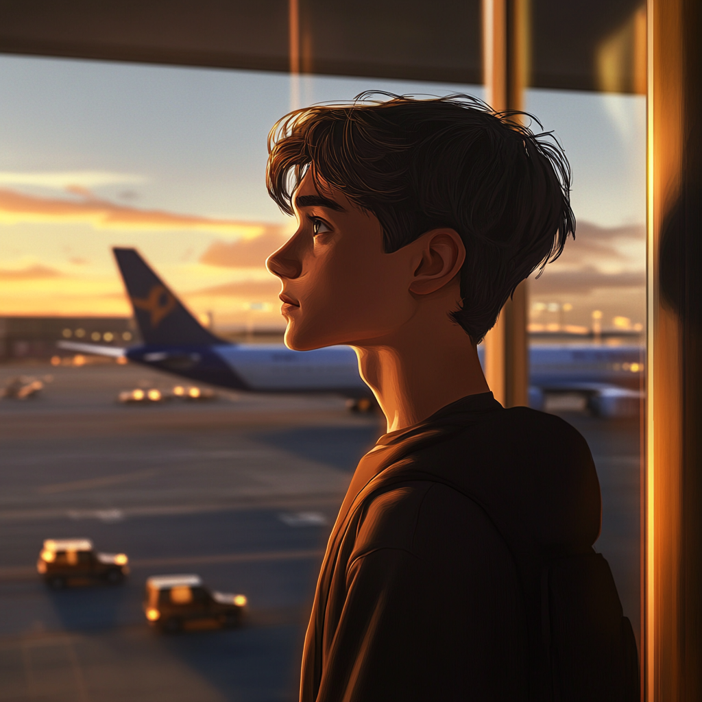 A Young Man Watching Planes at the Window