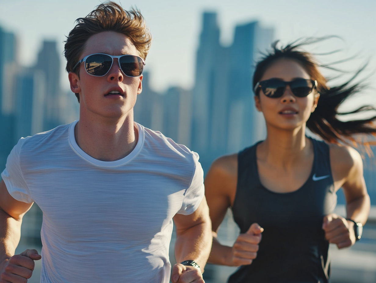 A Young Man and Woman Jogging in City