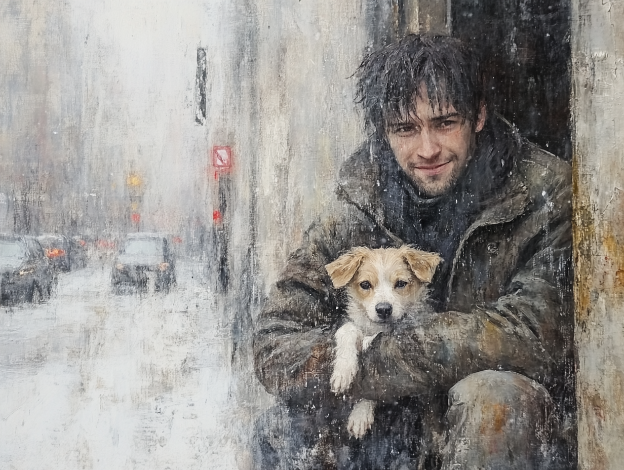 A Young Man and his Dog in Snow