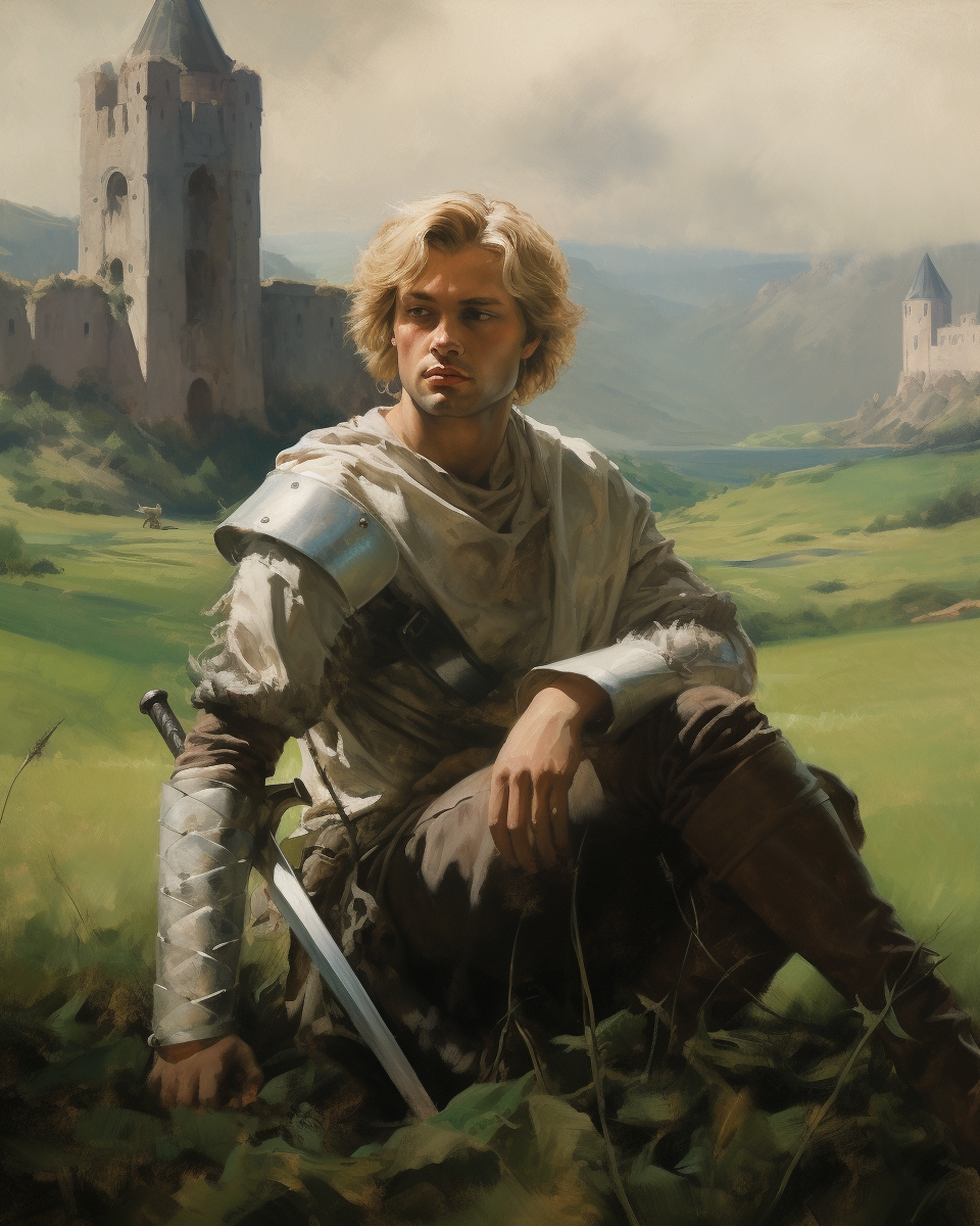 A Young Man in Armor in Field with Castle