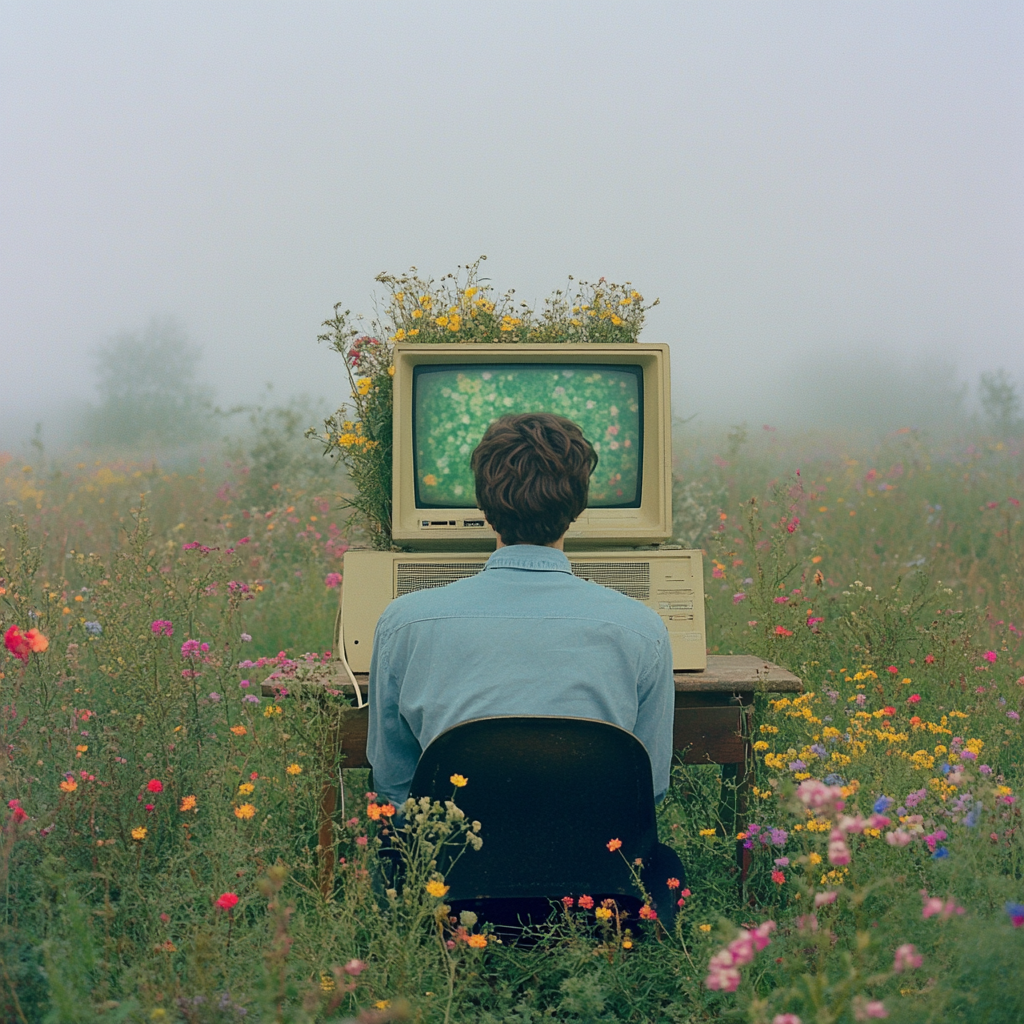 A Young Man with Flowers in Vintage Computer