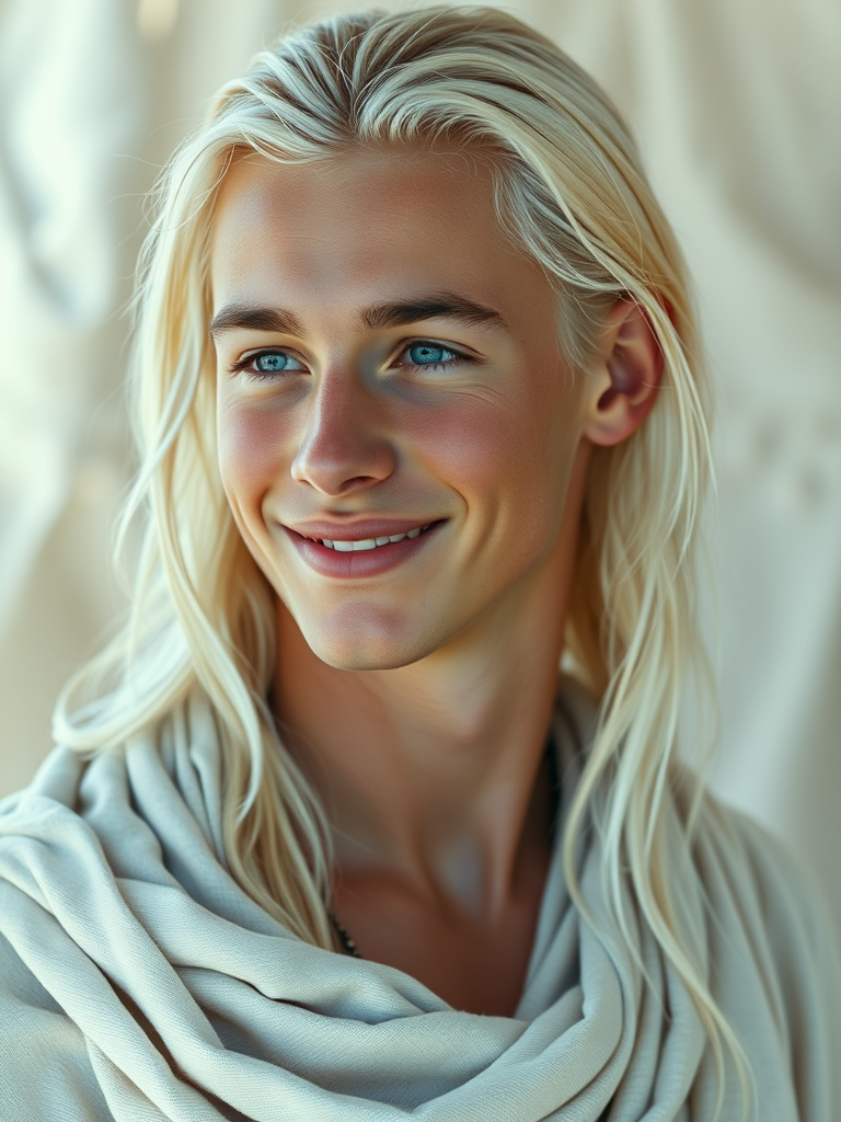 A Young Man with Piercing Blue Eyes in Ethereal White