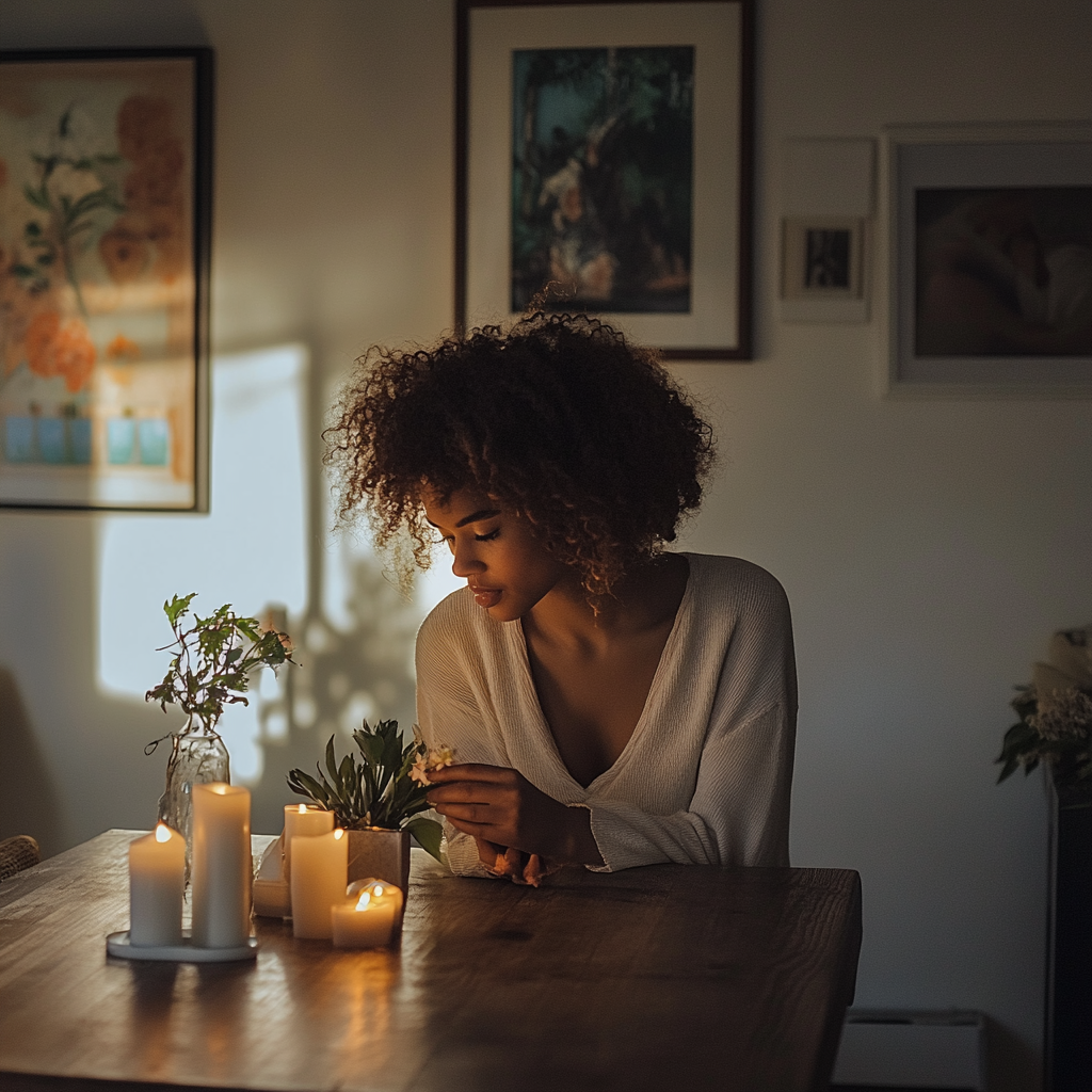 A Young Mother Smelling Winter Flower and Lighting Candles