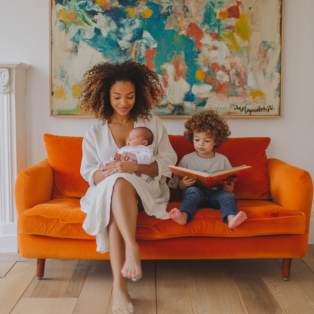 A Young Mother with Children in Living Room