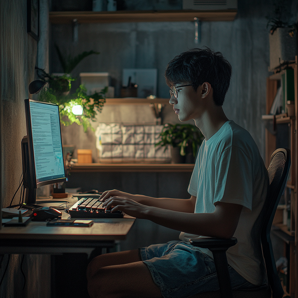 A Young Taiwanese Man Working at Desk