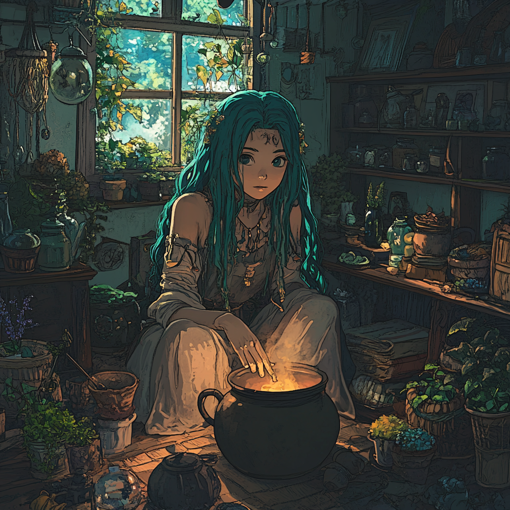 A Young Witch Brews Potion in Cottage.