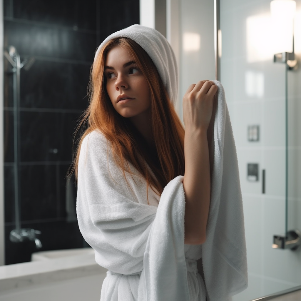 A Young Woman Dries Hair in Bright Bathroom