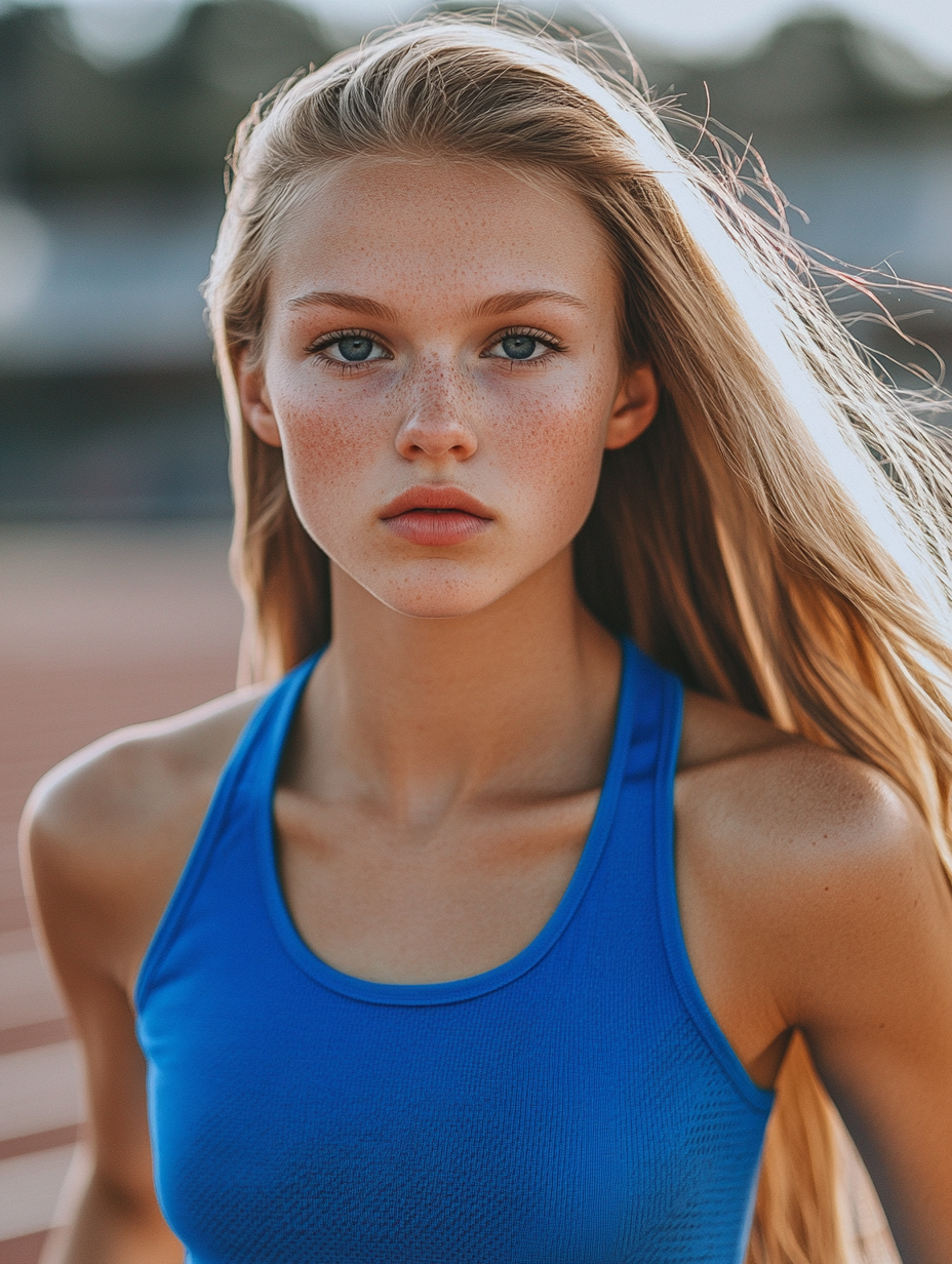 A Young Woman Running in Blue Sports Outfit