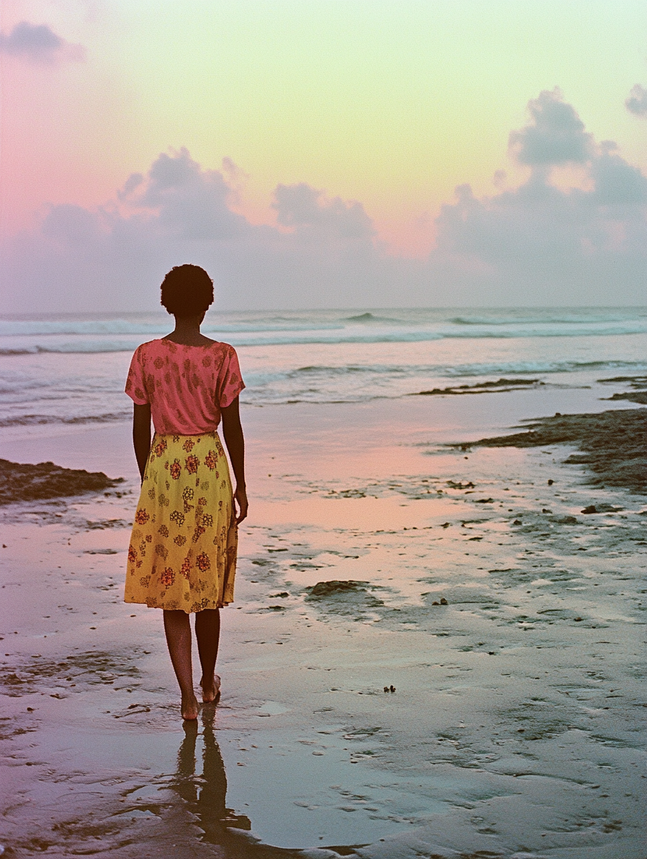 A Young Woman Walks Alone on Sunset Beach