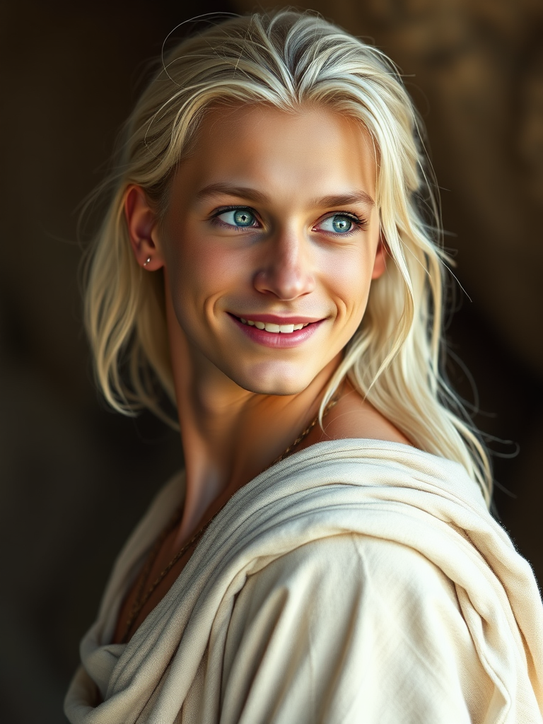 A Youthful, Serene Man with Platinum Blonde Hair