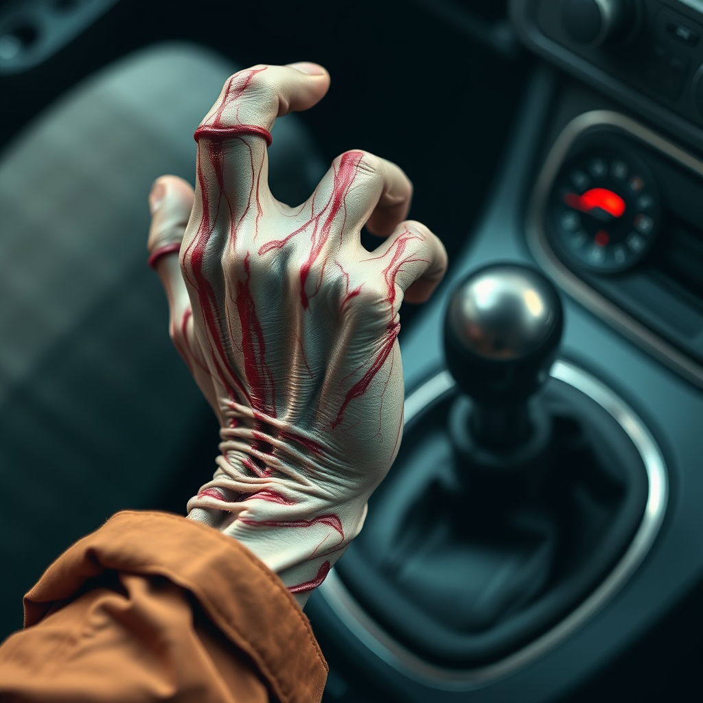 A Zombie Hand Gripping a Gear Shifter