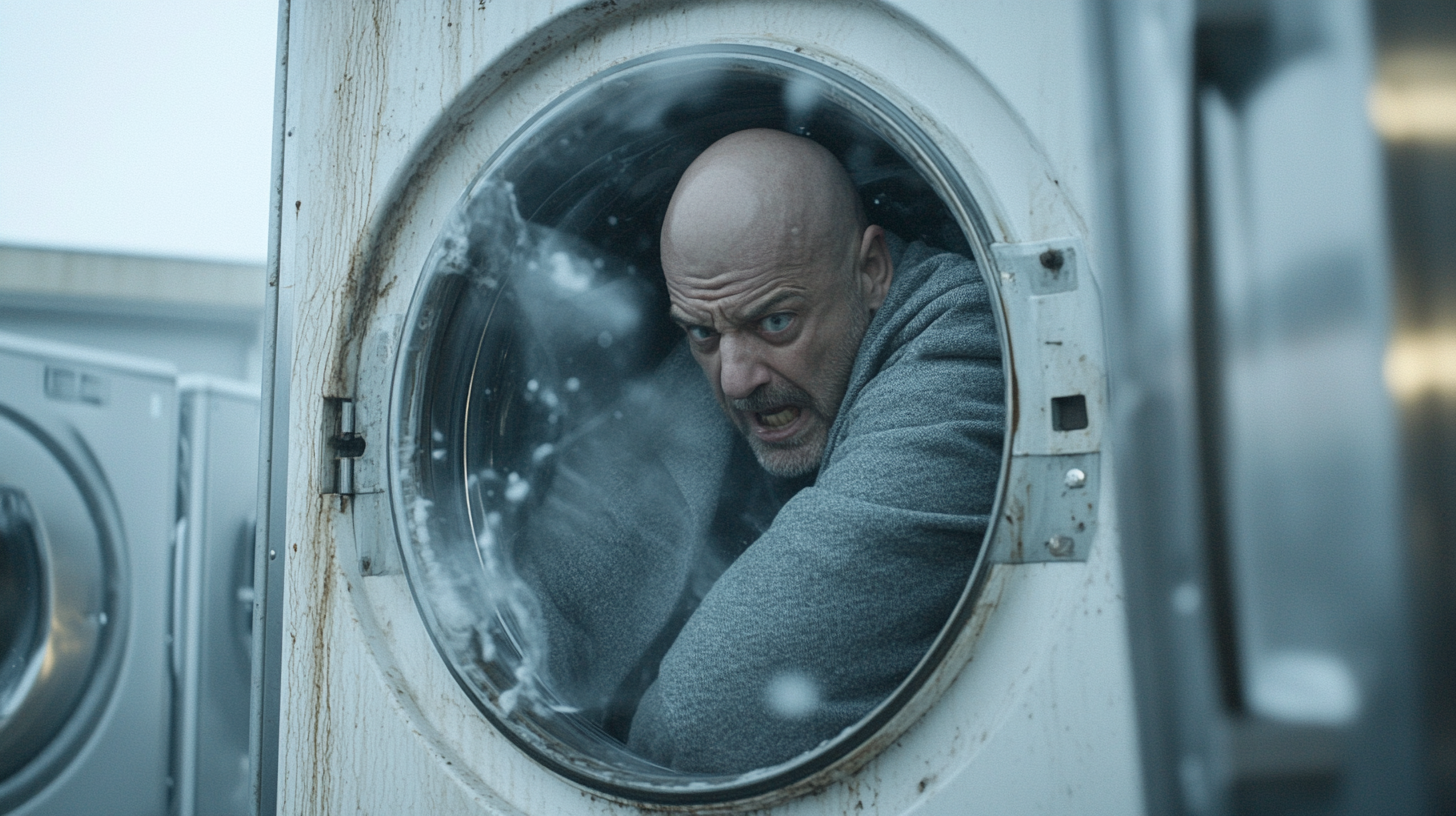 A bald man in coat trapped in washer.