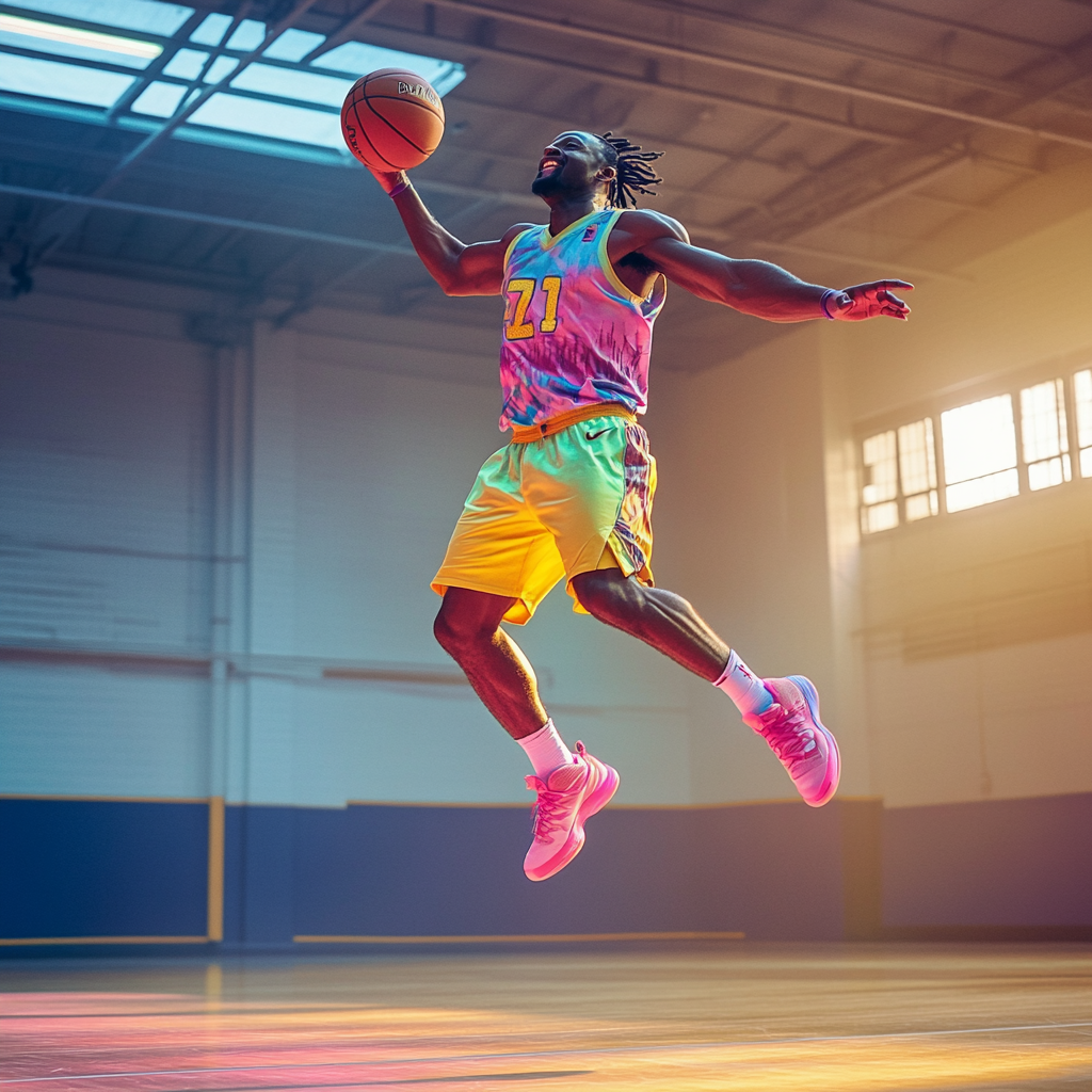 A basketball player jumps for a colorful shot