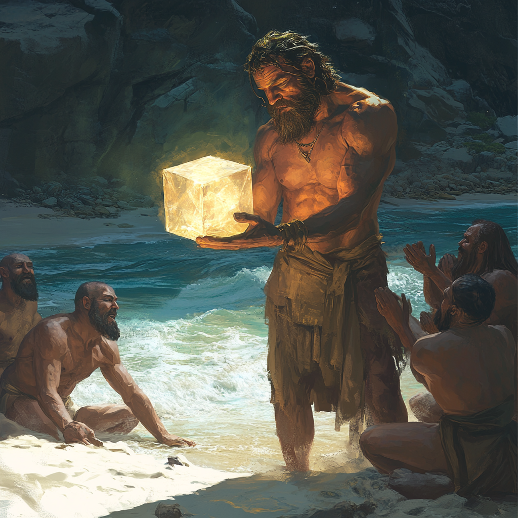 A bearded man with glowing cube on beach.