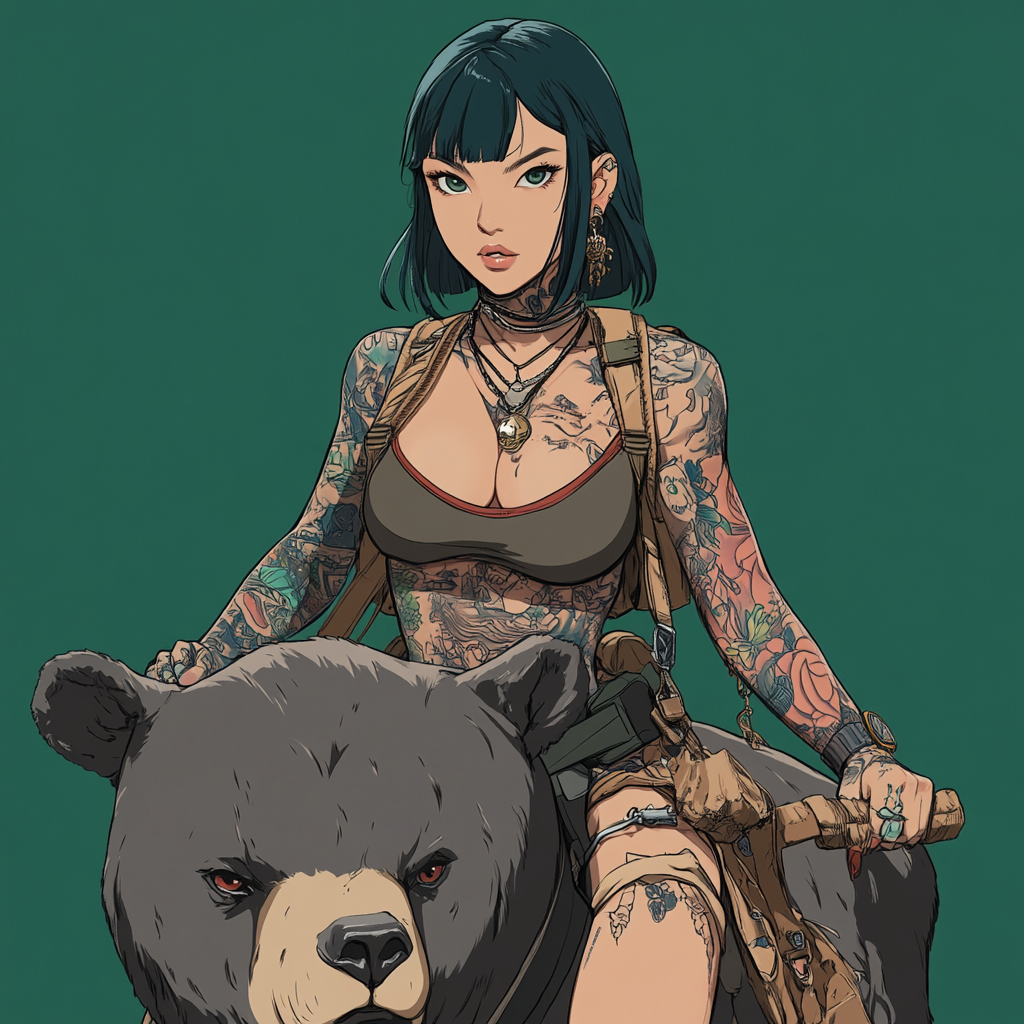 A beautiful Asian woman with tattoos rides bear