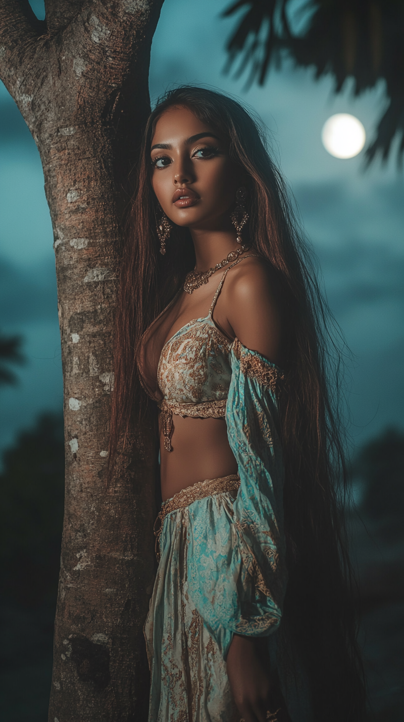 A beautiful Sri Lankan woman under moonlight