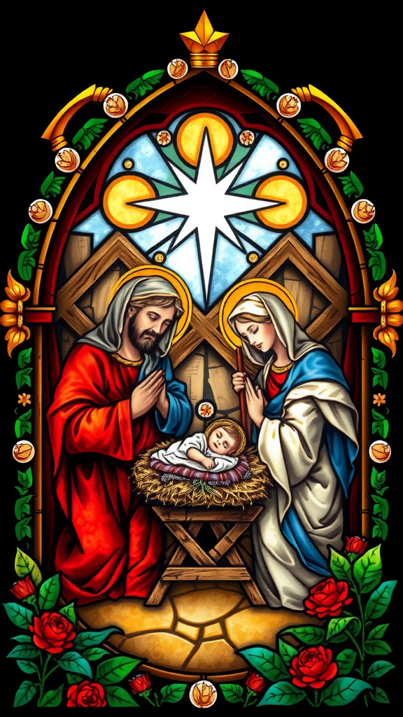 A beautiful Stained Glass nativity scene of Jesus.