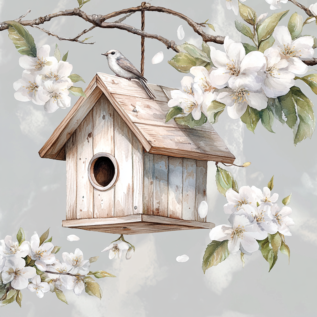 A beautiful birdhouse on blossoming tree branch illustration