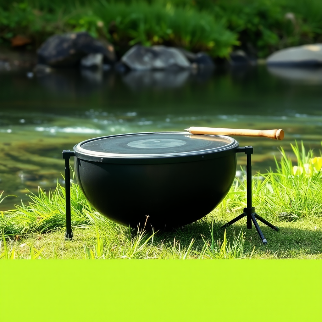 A beautiful black Handpan drum near clear river.