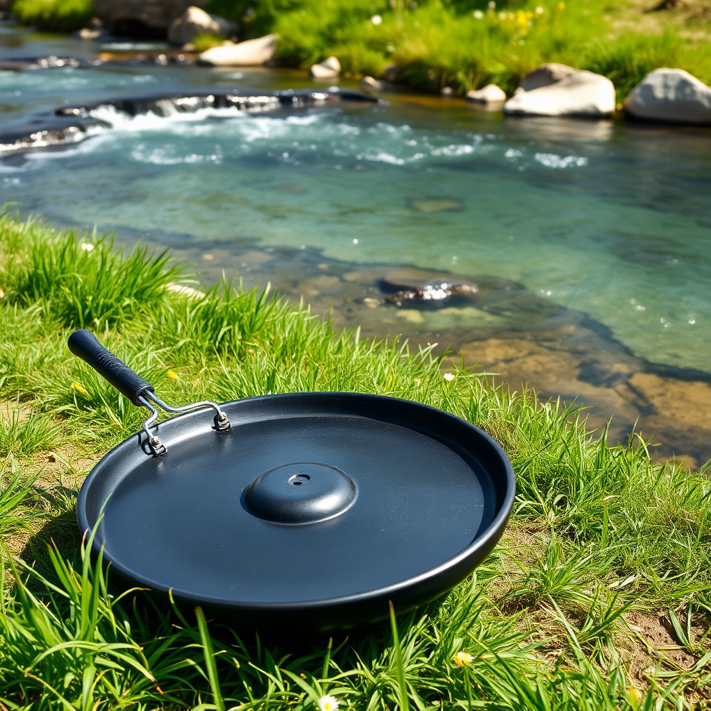 A beautiful black handpan by the clear river.