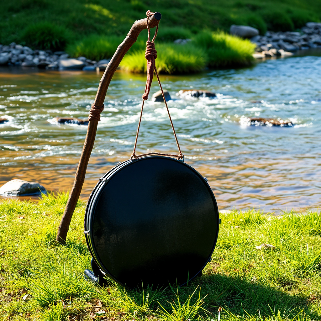 A beautiful black hang drum by the river.