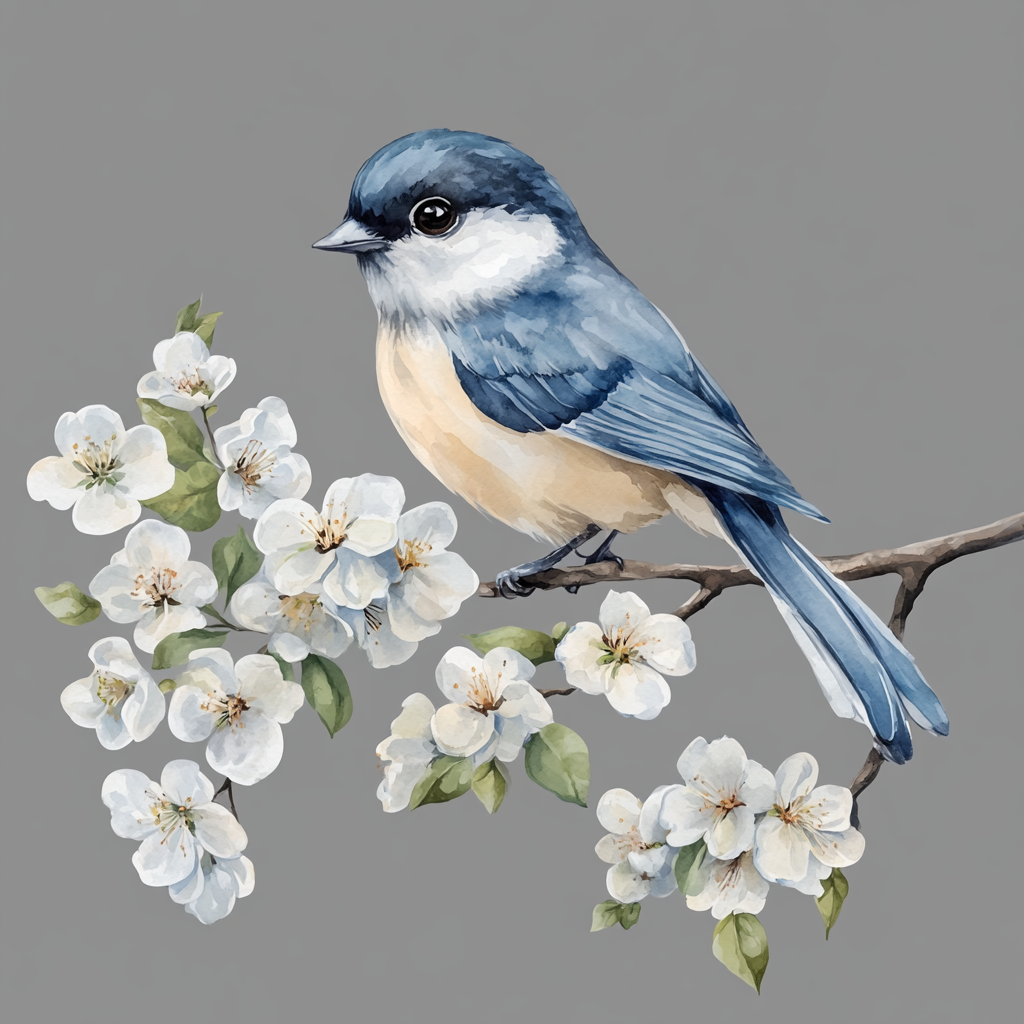 A beautiful blue bird on a blooming branch