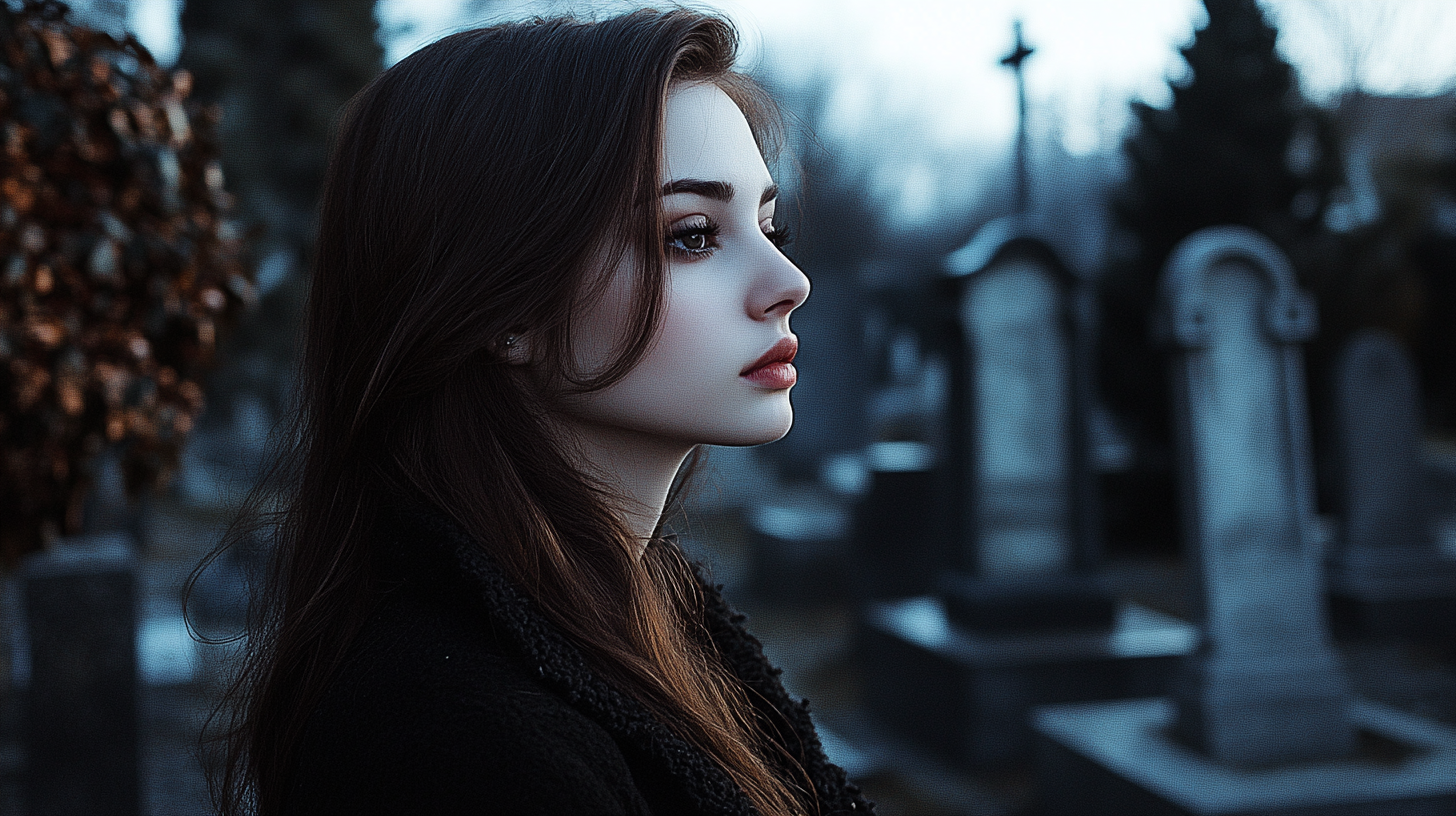 A beautiful brunette near a grave in a cemetery