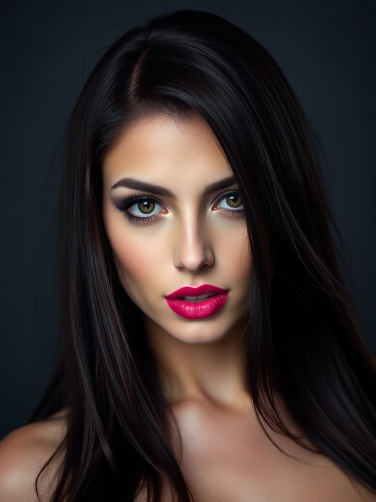 A beautiful female face with dark hair.