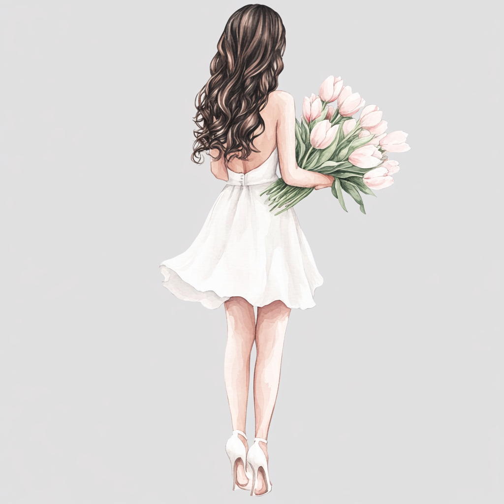 A beautiful girl in white dress holding tulips