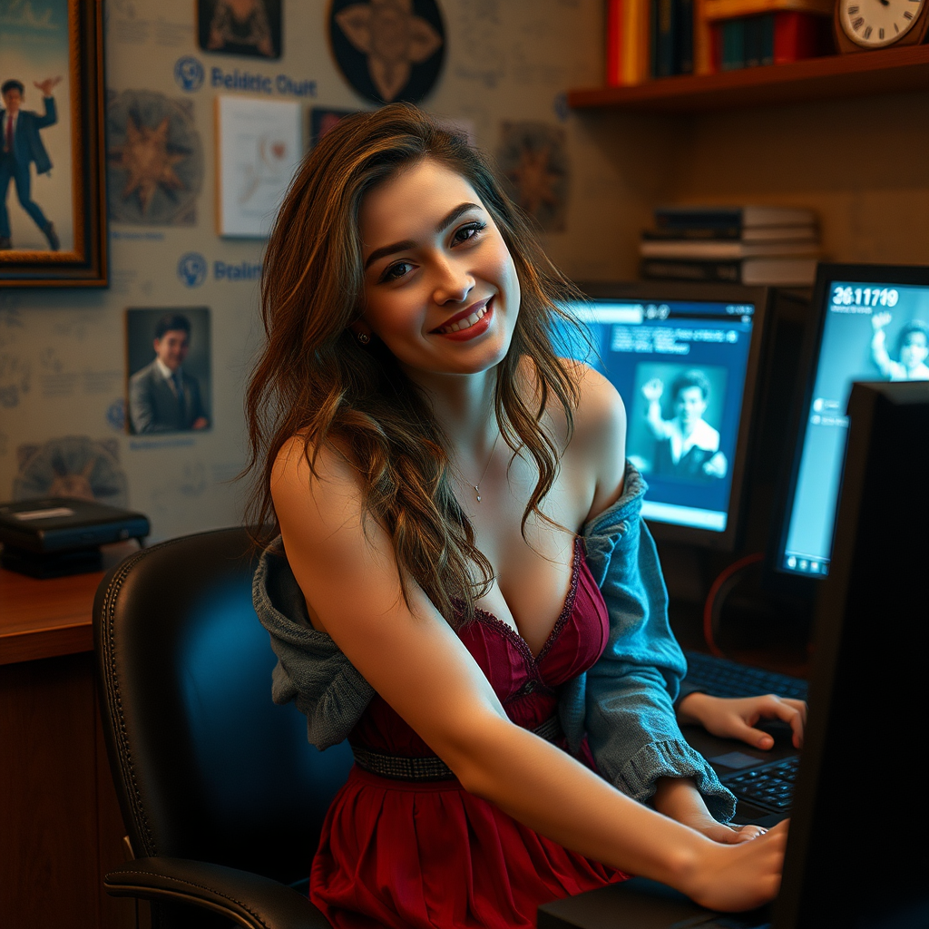 A beautiful girl sets up computer with WiFi router.